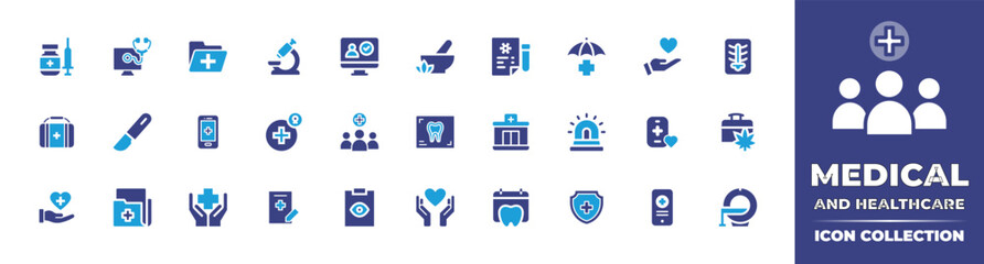 Medical and healthcare icon collection. Bold icon. Duotone color. Vector illustration. Containing medicament, medical app, medical records, microscope, information, herbs, test results, and more.