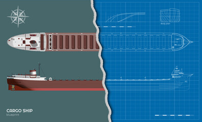 Wall Mural - Outline cargo ship blueprint. Front, side and top industrial views of boat. 3d sea transport contour drawing. Isolated industry graphic