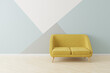 Yellow sofa in Scandinavian style in front of a wall painted with triangles. 3D rendered mock-up.