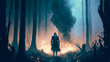 Fantasy Dreamland Man With Hood Walking Towards Smoke And Fire In Forest, Digital Concept Art. Fantasy Landscape, Strong Color.