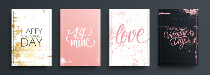 Wall Mural - Valentines Day romantic cards set. Happy Valentine's Day, 14 February holiday lettering greetings with grunge textures collection. Vector Illustration.	