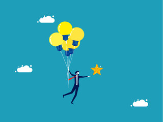  Success in life and career. Businessman floats with light bulb balloons catching stars vector