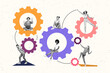 © deagreez - Composite collage illustration of group mini black white gamma people working configuration mechanism gears