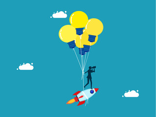 Wall Mural - Invent innovation. floating rocket with creative light bulb balloons