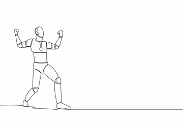 Wall Mural - Single continuous line happy robot standing with raised his clenched fist hands. Future robotic development. Artificial intelligence machine learning process. One line draw design vector illustration