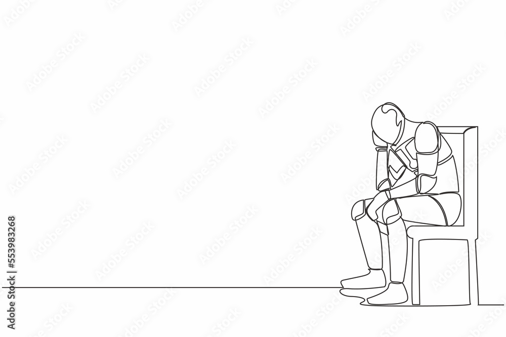 Single one line drawing sad depressed robot sitting on chair thinking ...