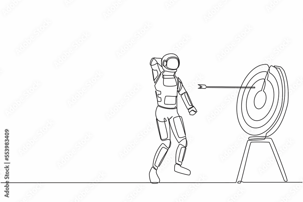 Single continuous line drawing confused astronaut with arrow missed at ...
