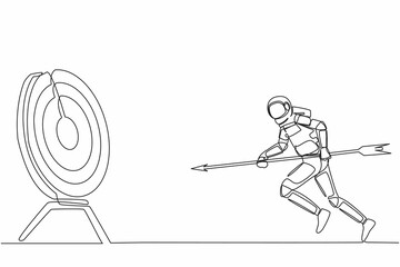 Poster - Single continuous line drawing astronaut holding arrow in hand to shoot target. Aim and mission to achieve galactic wormhole expedition. Cosmonaut deep space. One line draw design vector illustration