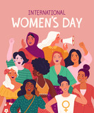 Fototapeta Dinusie - International Women's Day greeting card. Vector cartoon flat illustration of a group of diverse women protesting for their rights. Isolated on the background. 