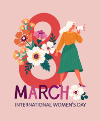 Wall Mural - International Women's Day greeting card. Vector cartoon illustration of a young caucasian woman rallying with a megaphone against the background of a large number 8 decorated with flowers.