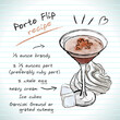 Porto Flip cocktail, vector sketch hand drawn illustration, fresh summer alcoholic drink with recipe and fruits	