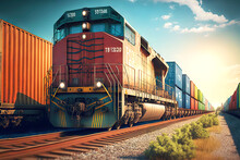 Locomotive Pulling Wagons With Cargo On Rails Railway Transport