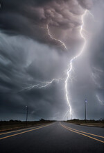 Stormy Lightning Sky. Electric Storm. Highway With A Stormy Lightning And Thunder Storm. Rainy And Gray Sky.