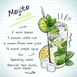 Mojito cocktail, vector sketch hand drawn illustration, fresh summer alcoholic drink with recipe and fruits	