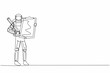 © Simple Line - Continuous one line drawing young astronaut standing and holding clipboard with checklist in moon surface. Cosmic expedition. Cosmonaut outer space. Single line draw graphic design vector illustration