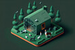 Icon of a dog home in isometric perspective on a green backdrop. Canine kennel. Generative AI