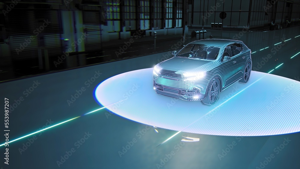 Drive Less Vehical Signal Ilustração Autonomous High Tech Car Self Driving Using Radar Scanning ...