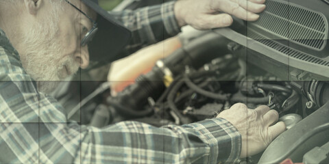 Wall Mural - Car mechanic working on car engine, geometric pattern