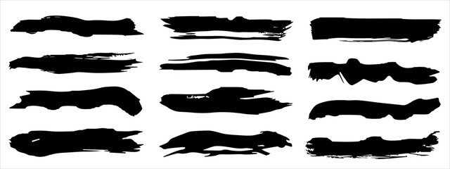 Wall Mural - Vector collection of artistic grungy black paint hand made creative brush stroke set isolated on banner background. A group of abstract grunge sketches for design education or graphic art decoration