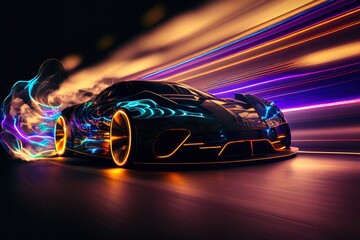 Wall Mural - Futuristic sports car riding on high speed in the night. Neon street lights, blurred in motion. Generative art
