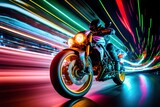 Fototapeta  - Biker rides on high speed in the night. City lights blurred in motion. Generative art