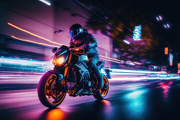 Wall Mural - Biker rides on high speed in the night. City lights blurred in motion. Generative art