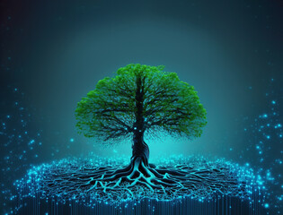 Virtual business growth, with tree emerging from network data, Ai generative illustration
