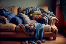sofa with a huge pile of blankets in a cold room