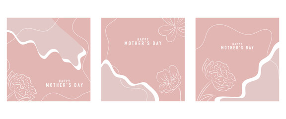 Happy Mother's Day vector greeting card set with beautiful flowers and hearts. Line drawing of flowers. One line minimalist style illustration for banner