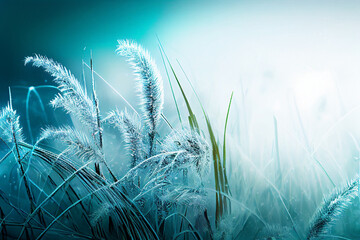 Wall Mural - winter background with morning frosty grass and plants