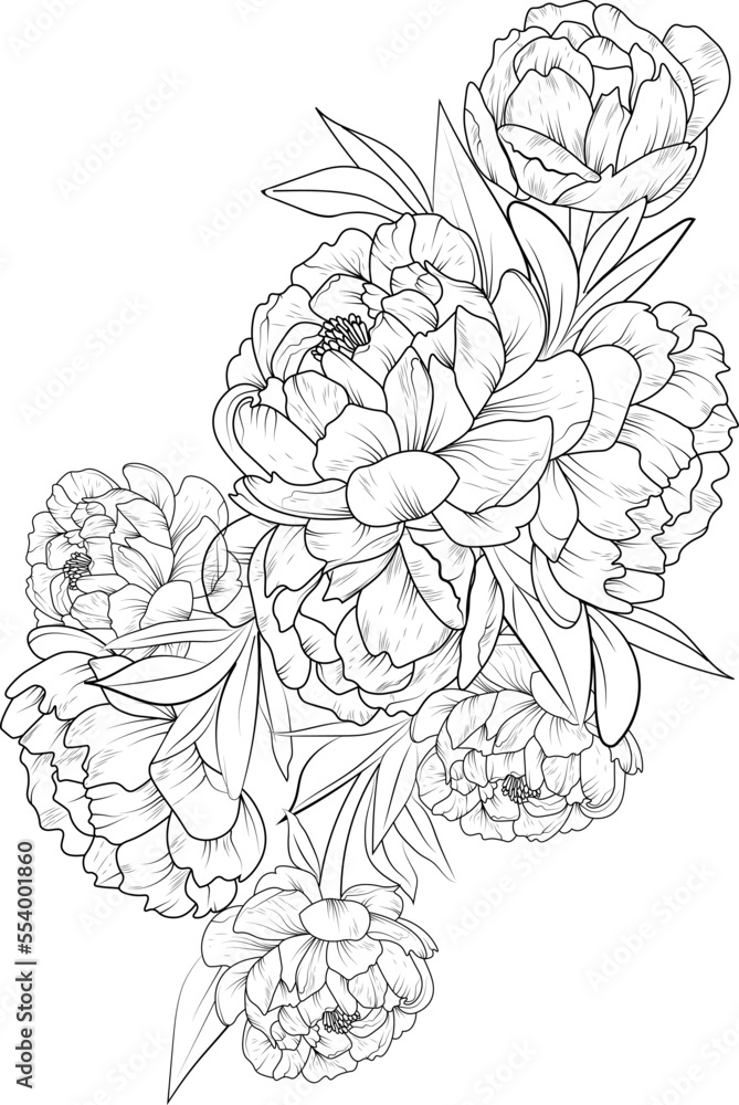 Stockvector Hand-drawn peony flower bouquet vector sketch illustration ...