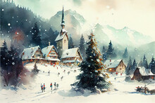 Christmas Village Winter Holiday Background, Watercolor Illustration, Created With Generative AI Technology