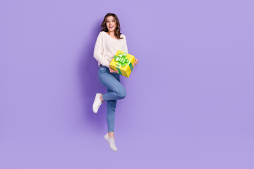 Sticker - Full length photo of cheerful funky lady receive santa claus package enjoy xmas event empty space isolated on purple color background