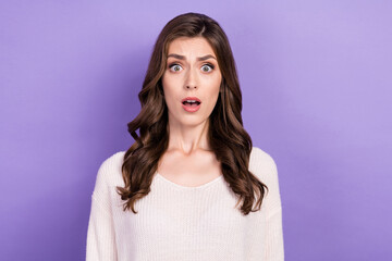 Sticker - Photo portrait of funny grimace unhappy brunette hair lady wear white jumper open mouth depressed scared bad news isolated on purple color background