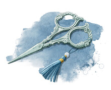 Watercolor Ornate Vintage Silver Scissors With Blue Tassel Isolated On White Background. Hand Drawn Illustration Sketch