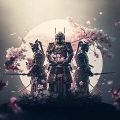 Canvas Print - Samurai concept with cherry blossom from Japan. Designed using Generative AI