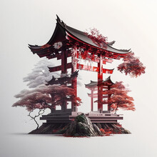 Shinto Shrine With Red Maple Trees In Japan. Designed Using Generative AI.