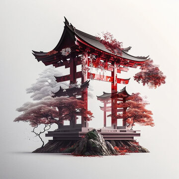 Wall Mural -  - Shinto Shrine with red maple trees in Japan. Designed using Generative AI.