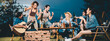 © chokniti - Young hipster people having fun to music dining and drinking together in campsite - Travel vacation lifestyle and youth culture concept, Happy friends group toasting beers at barbecue camping party