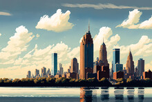 View Of The Skyline From The Ocean, From Hudson To The City In New Jersey, Across From New York. USA. Generative AI