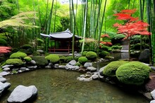 Japanese Garden With Pond, Ancient Culture, Spring Season Outdoors, Peaceful HD Wallpaper