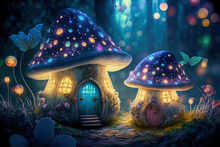 Fairy Houses In Fantasy Forest With Glowing Mushrooms. Digital Artwork
