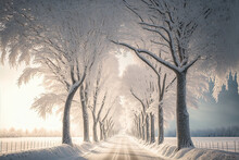 Alley In Snowy Morning. Two Rows Of Large Trees Are Covered With Thick White Snow Along The Bright Road. Digital Artwork