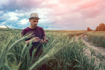 Male agronomist wearing hat working with digital tablet on agricultural field. Farming and modern technology concept.