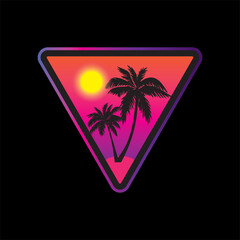 1980's inspired triangle patch design with palm trees and sunset, t-shirt print, sticker label, illustration