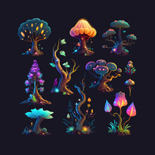 Fantasy Flowers, Trees, And Mushrooms From Alien World Or Planet. Isolated On A Black Background. Vector Illustration