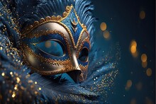 Realistic Luxury Carnival Mask With Blue Feathers. Abstract Blurred Background, Gold Dust, And Light Effects. Generative Ai