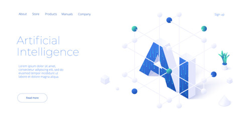 Artificial intelligence or neural network concept in isometric vector illustration. Neuronet or ai technology background with data screens and cloud connection. Web banner layout template
