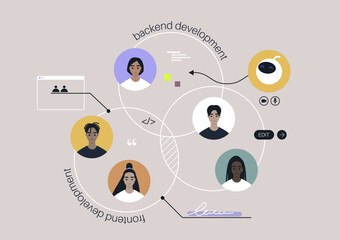 a teamwork organizational scheme, a diverse group of young professionals working together on a proje