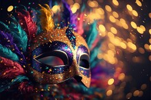 Realistic Luxury Carnival Mask With Colorful Feathers. Abstract Blurred Background, Gold Dust, And Light Effects. Generative Ai.